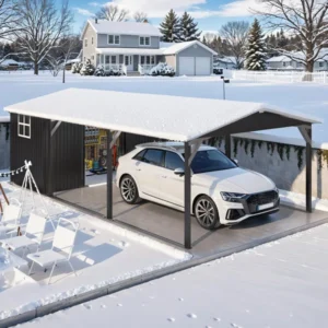 12 Ft X 22 Ft Metal Carport With Storage Sheds, Outdoor 12' X 17' Portable Garage Car Port With 12' X 6' Sheds